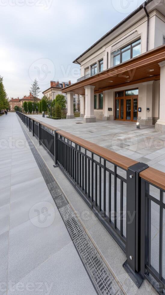 A walkway with a railing and a building in the background photo