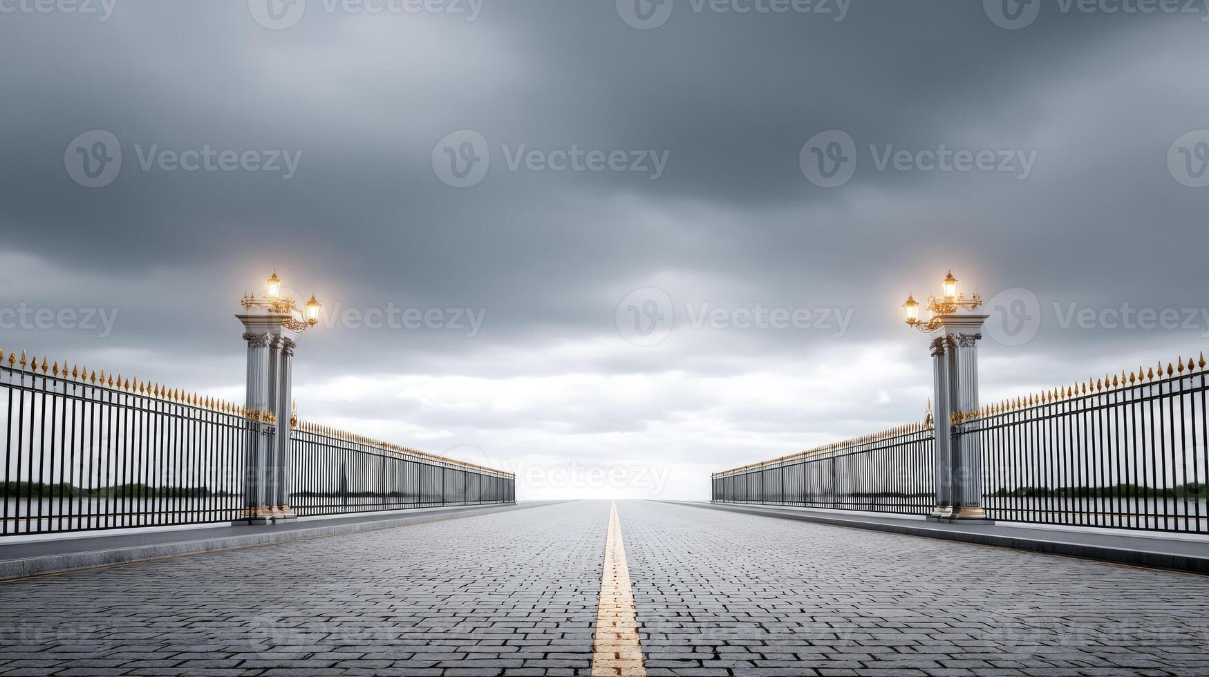 An empty bridge with two street lamps on it photo
