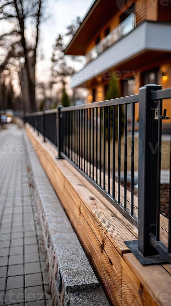 A fence is next to a sidewalk and a house photo