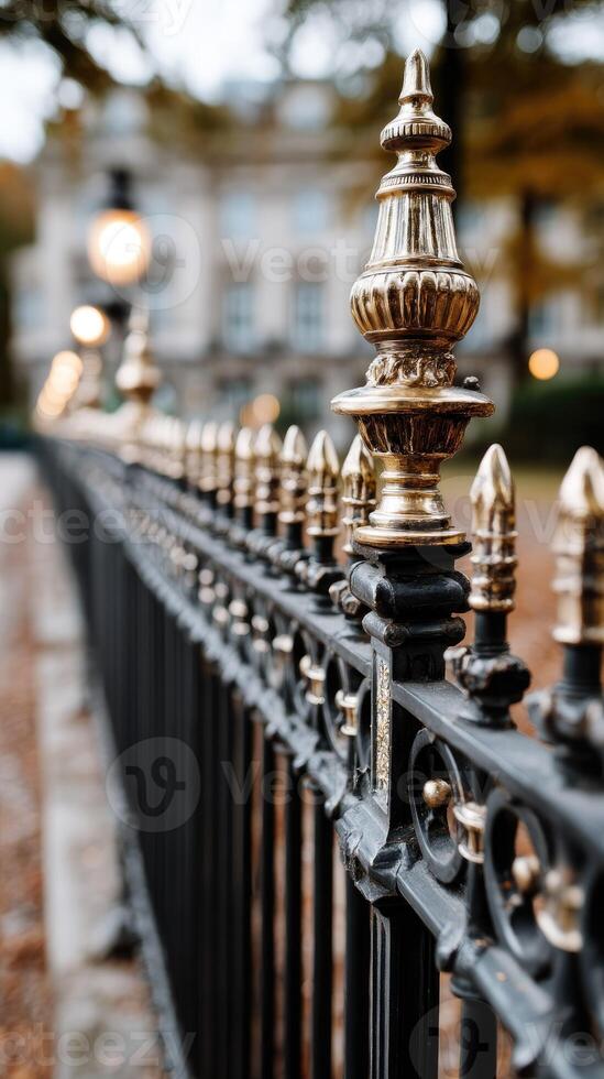 A black iron fence with ornate metal posts photo