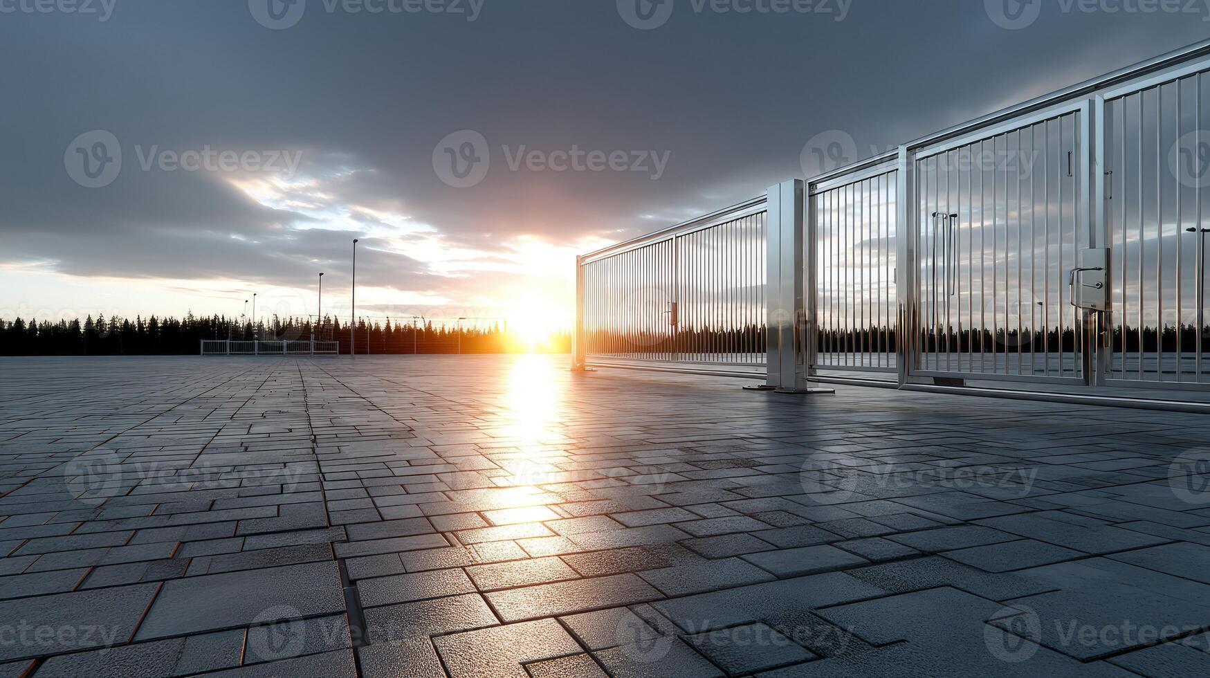 A metal gate is open in front of a building photo