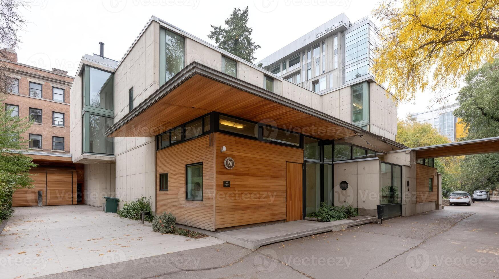 A modern home with wooden siding and glass windows photo