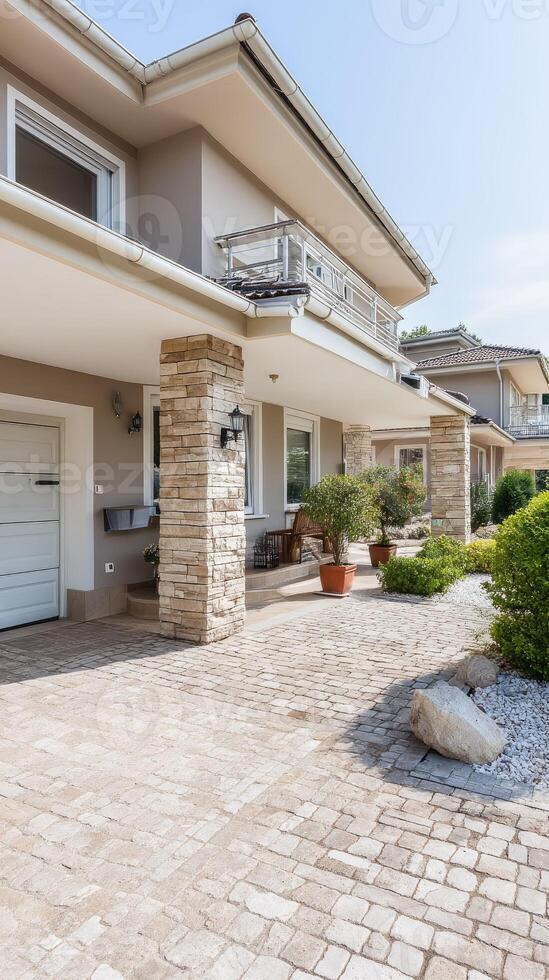 A driveway with a garage and a patio area photo