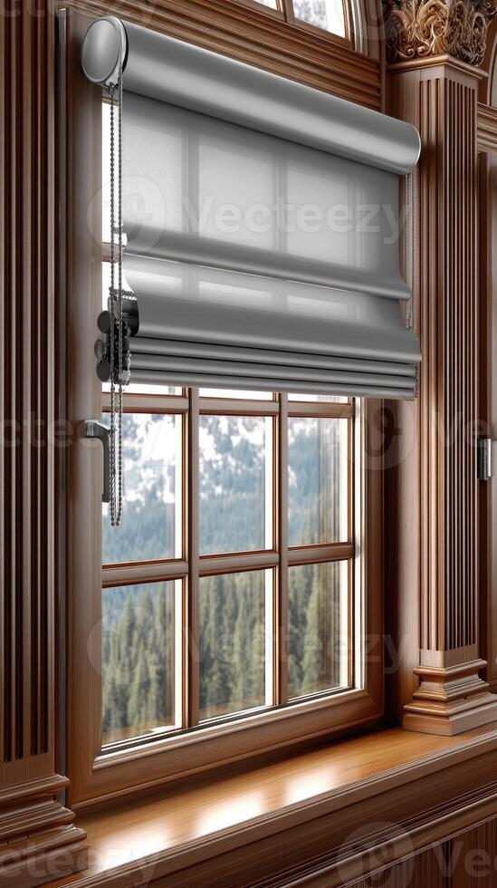 A window with a window blind and a window sill photo