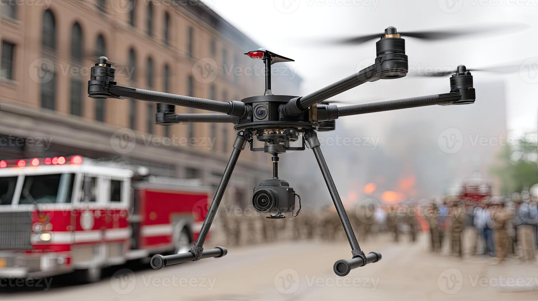 A fire truck is in the background with a drone flying over it photo