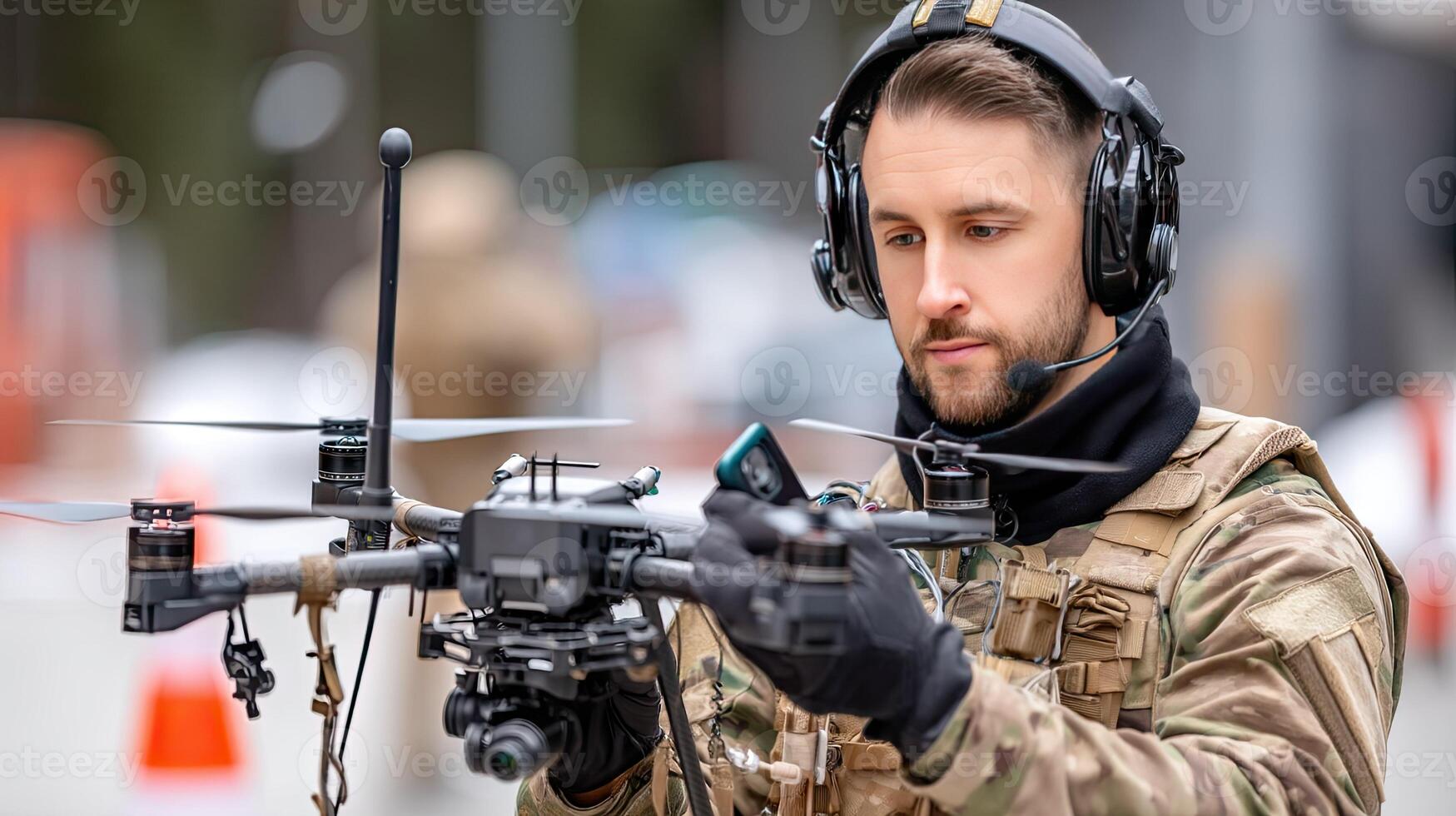 A soldier is holding a remote control drone photo