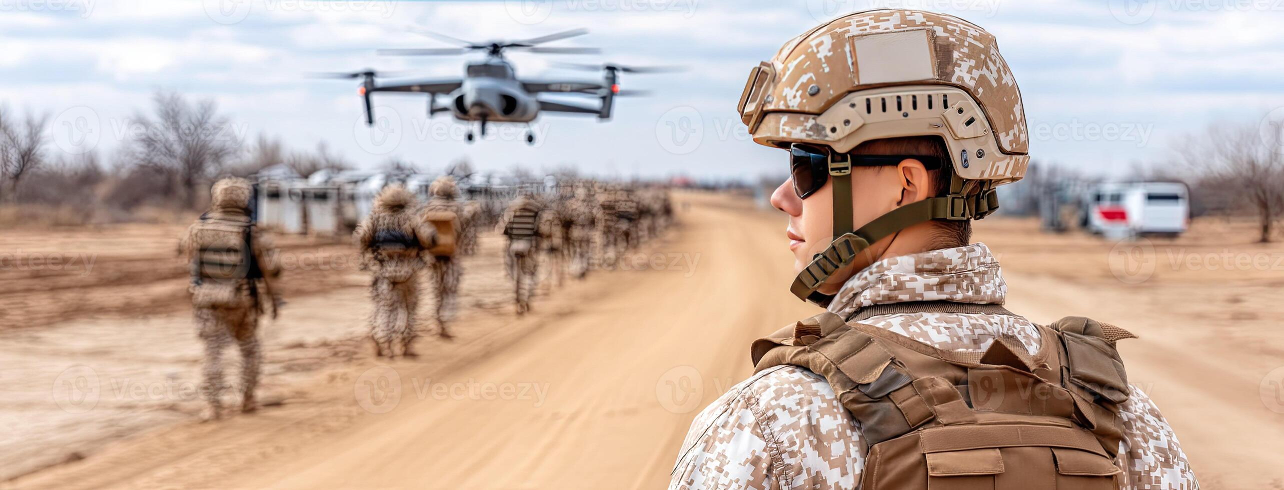 A soldier is looking at a helicopter in the distance photo