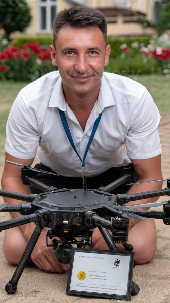 A man kneeling down next to a drone photo