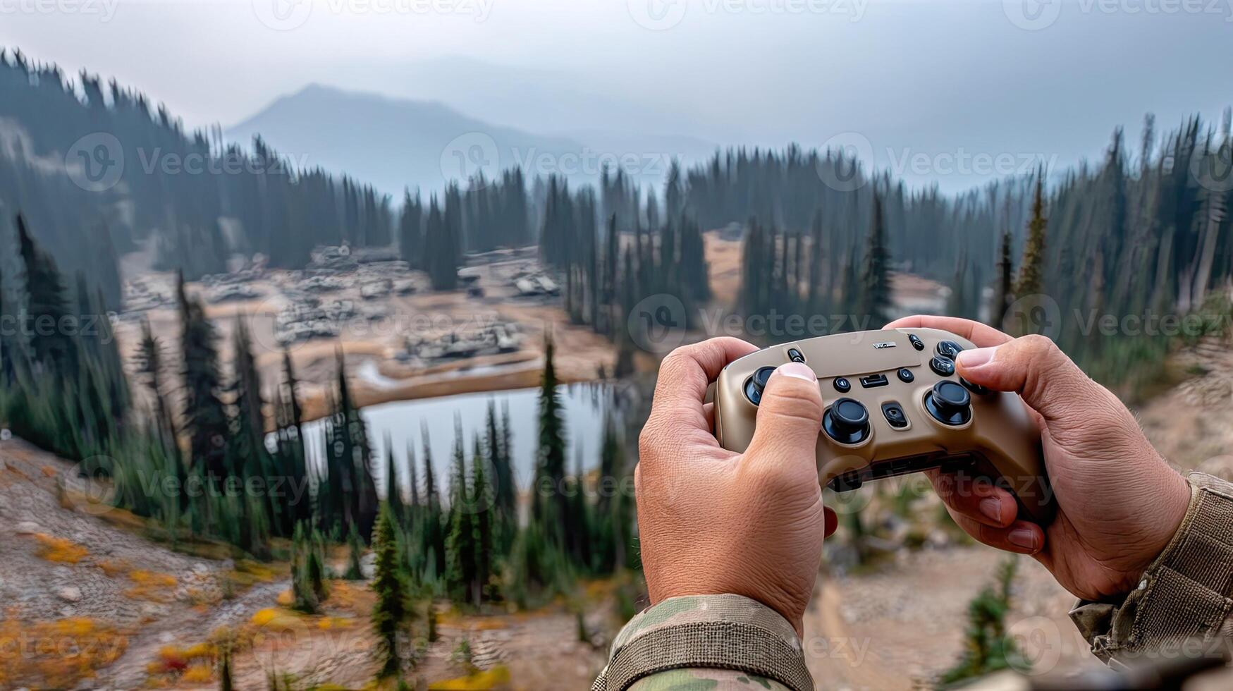 A person holding a controller in front of a mountain range photo