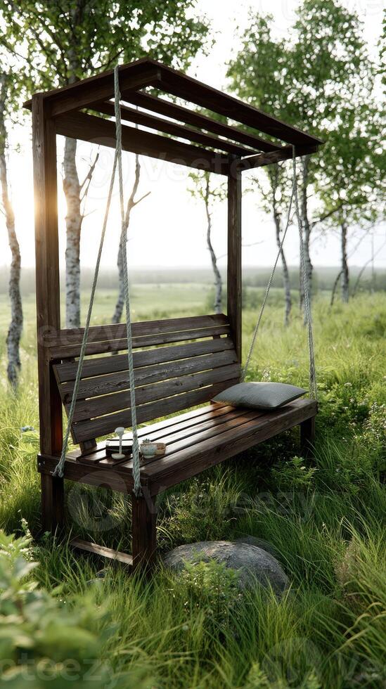 A bench in the middle of a field with trees photo
