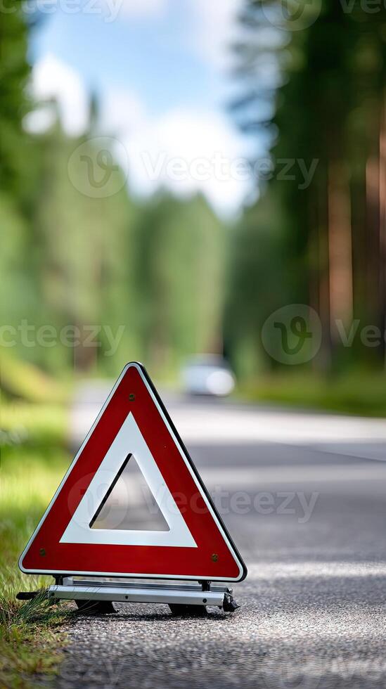 A red and white triangle warning sign on the side of a road photo