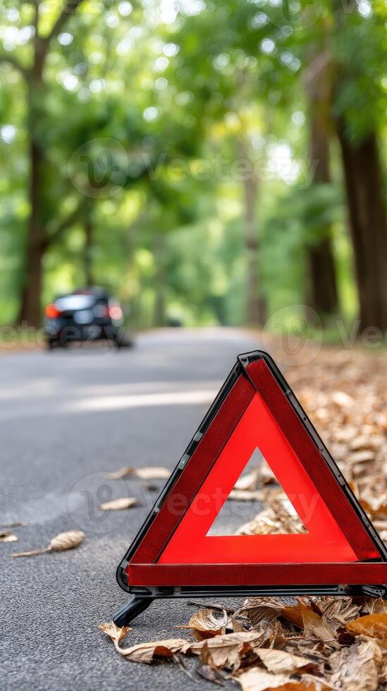 A red triangle on the ground with leaves in the background photo
