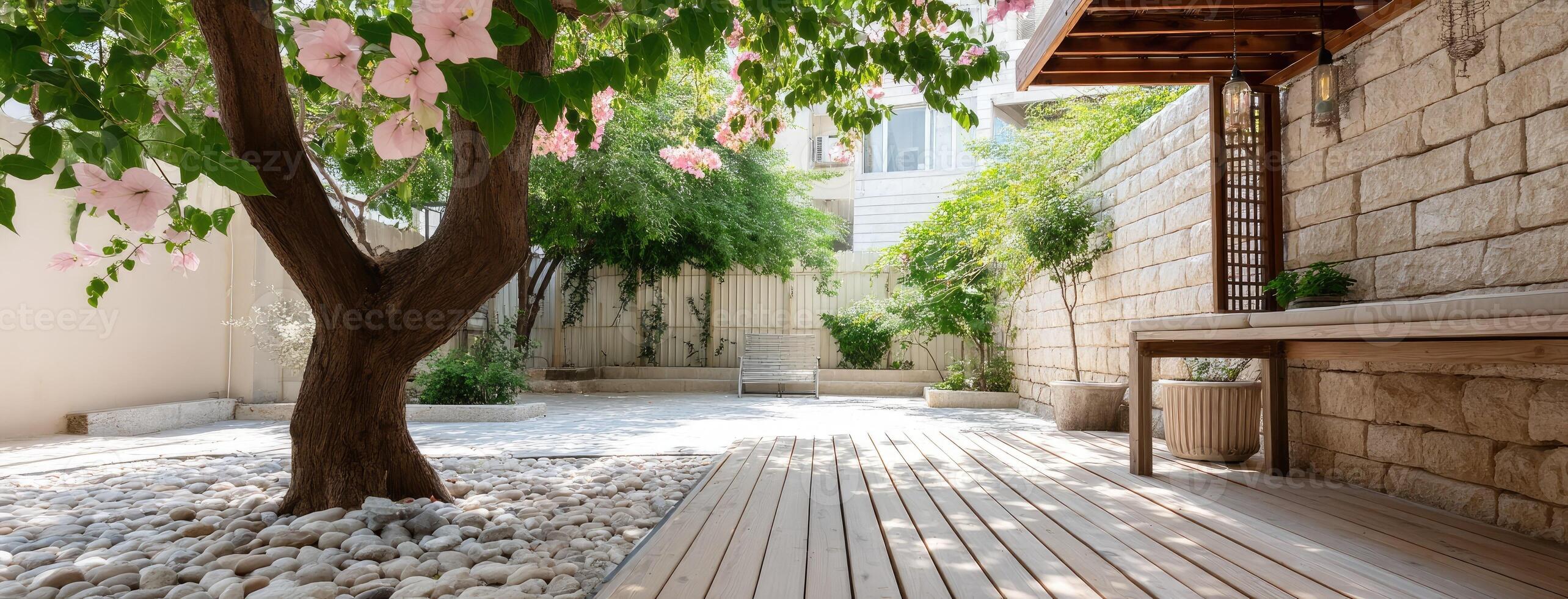 A small garden with a wooden bench and a tree photo