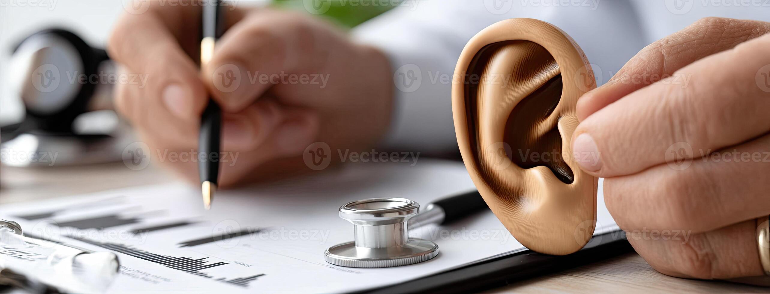 A doctor is holding a pen and a pen with a small ear photo