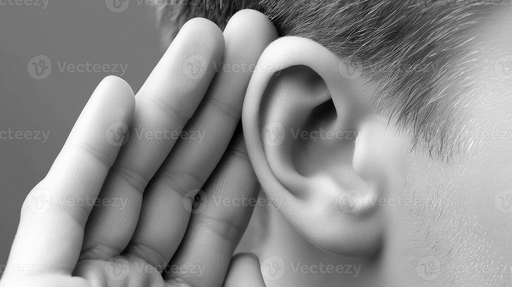 A person is holding their ear to their ear photo