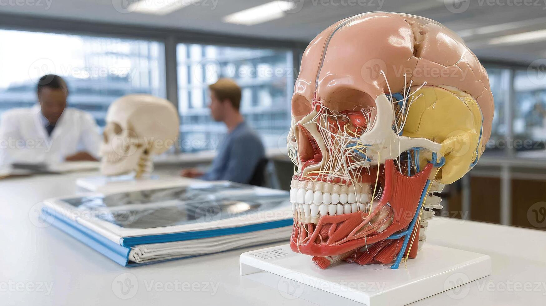 A model of a human skull with a person sitting in the background photo