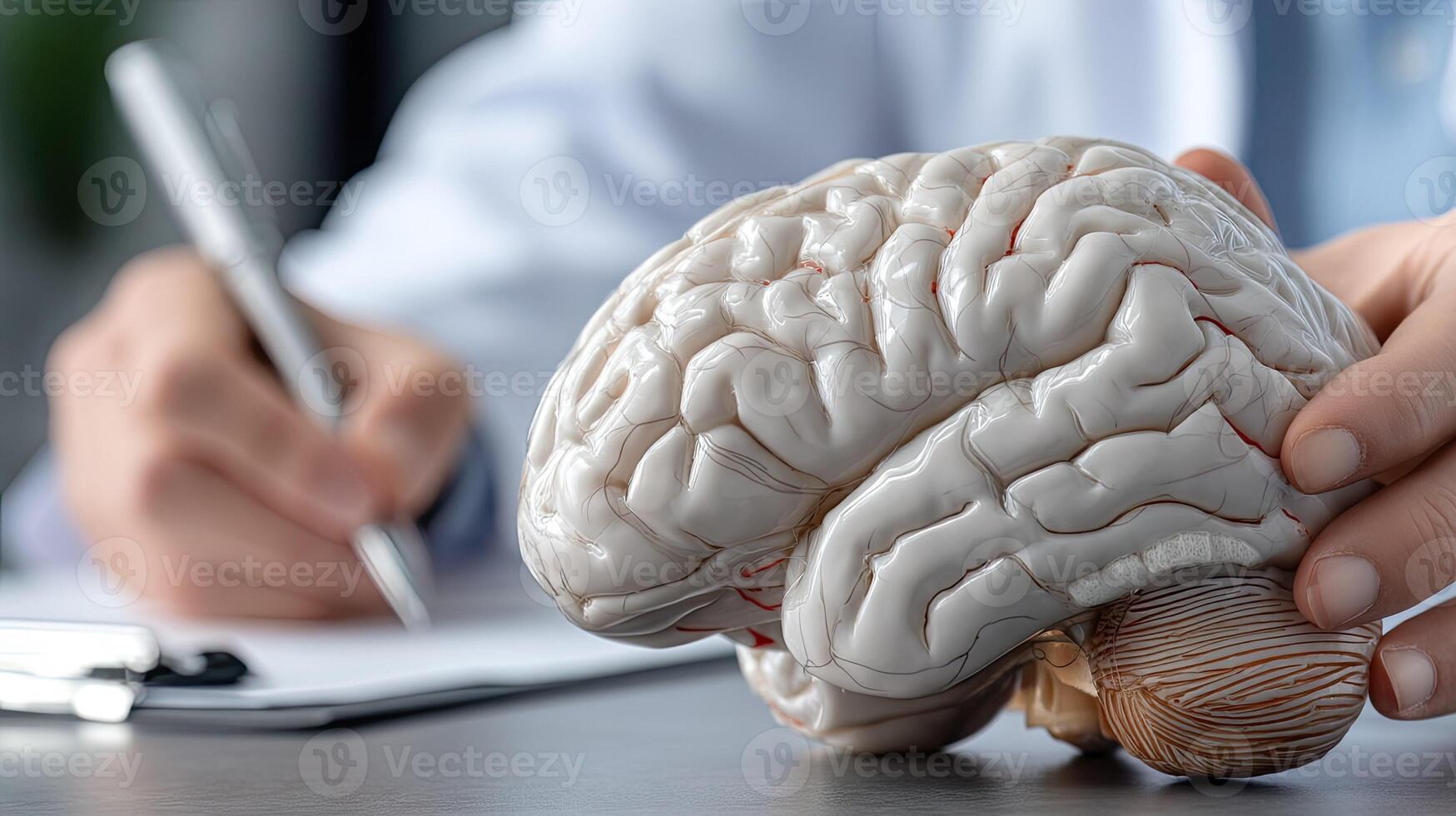 A doctor is holding a model of a human brain photo