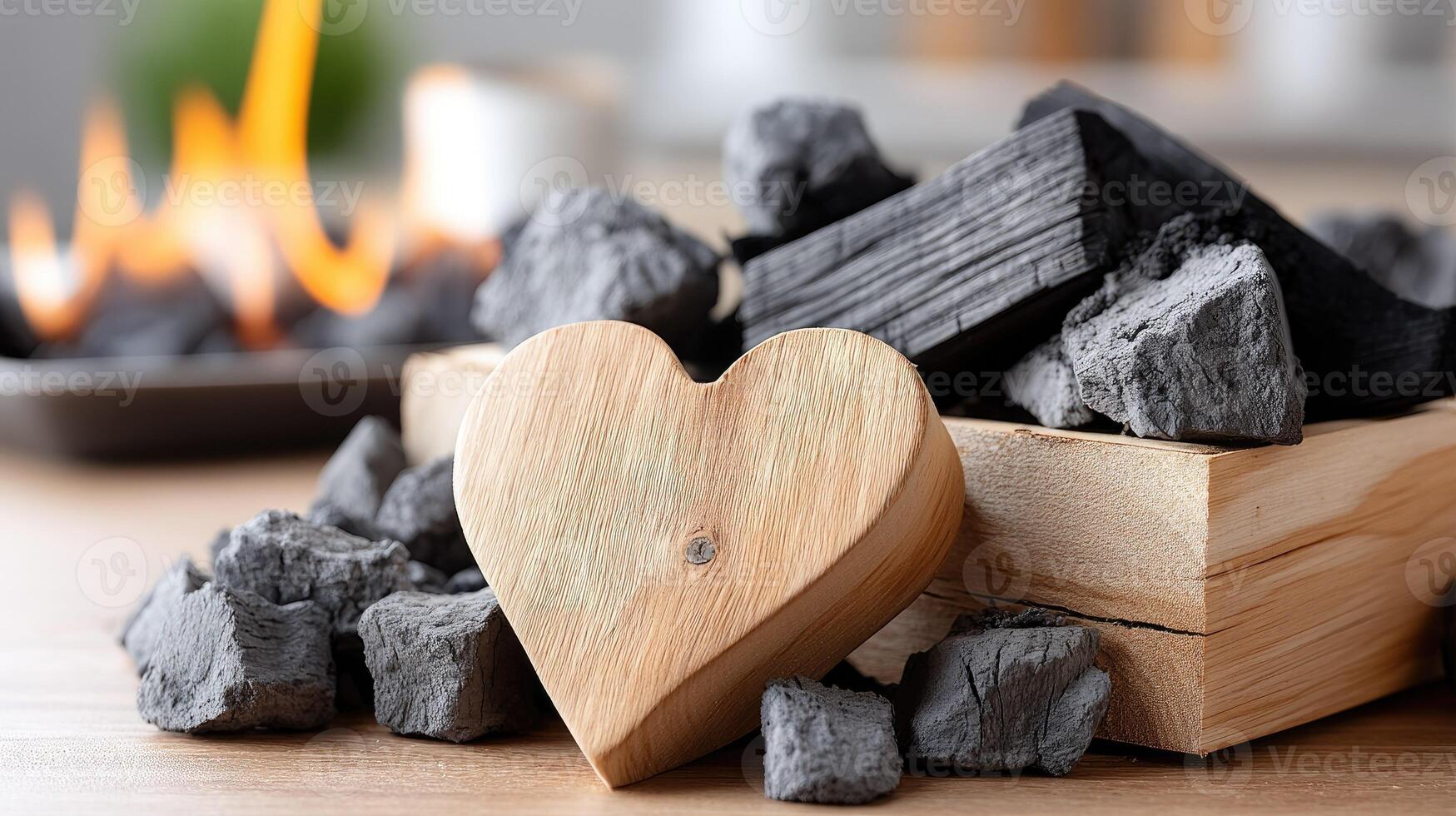 Wooden heart in a box with charcoal and fire photo