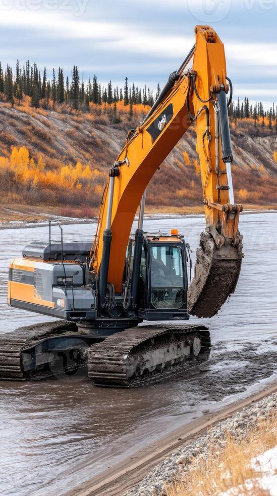 A large excavator is digging into the ground photo