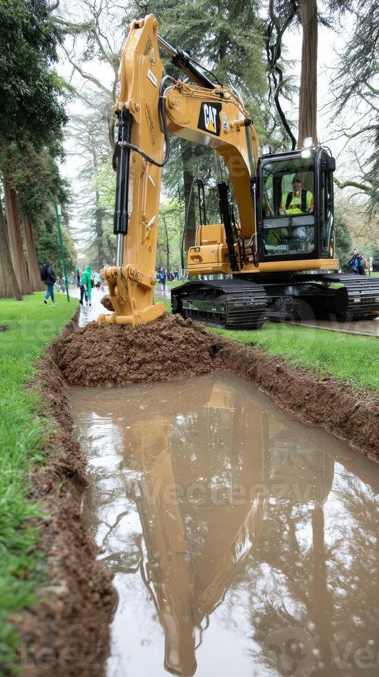 A cat machine is digging a hole in the ground photo