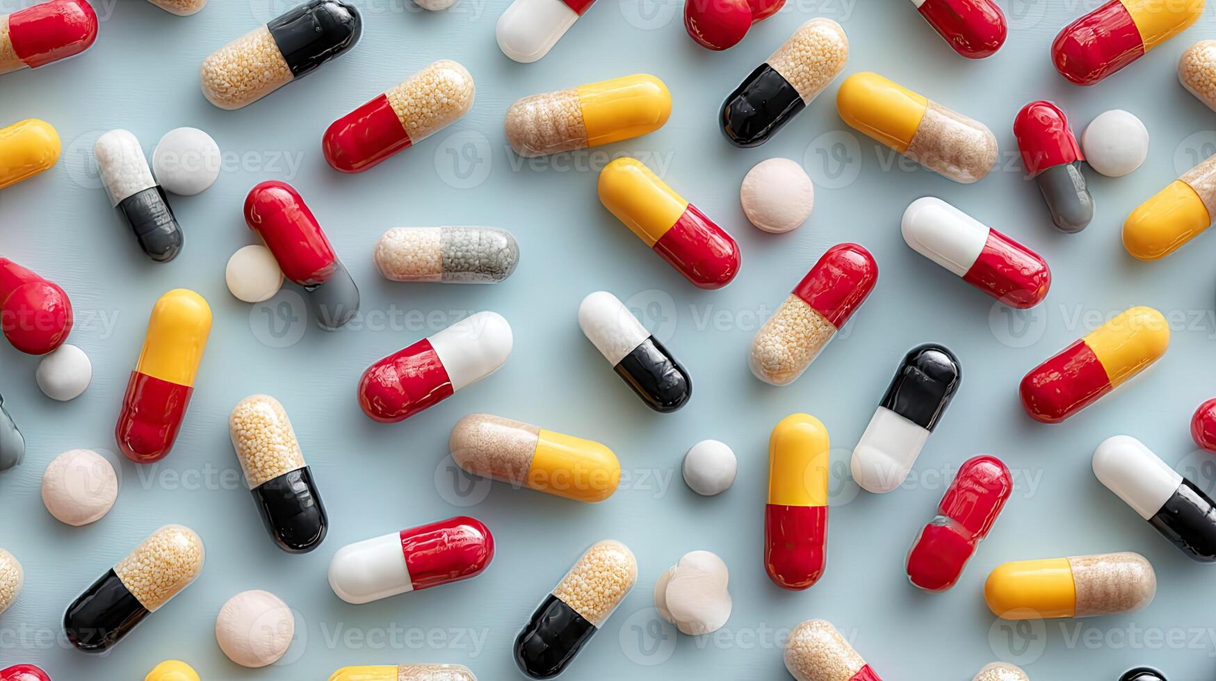 Many different types of pills and capsules are arranged in a pattern photo
