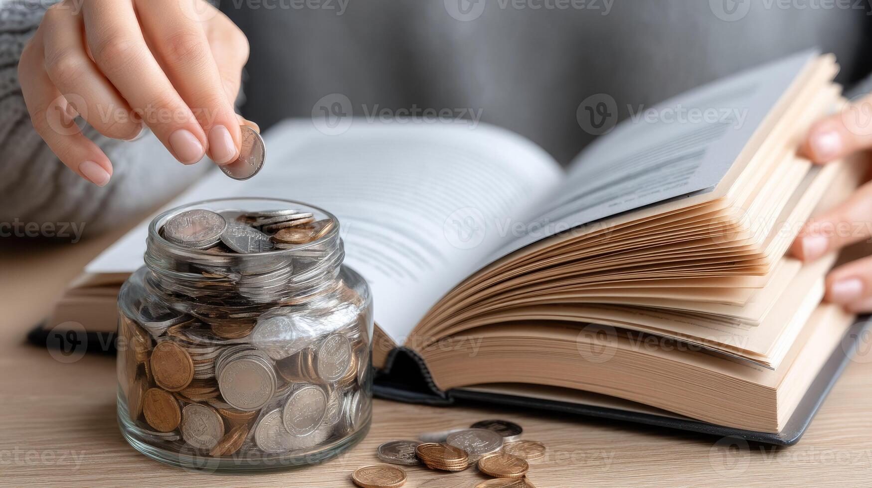 Woman's hand putting coins into jar with open book photo