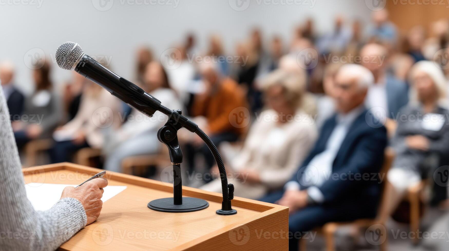 A woman is giving a speech in front of a crowd photo