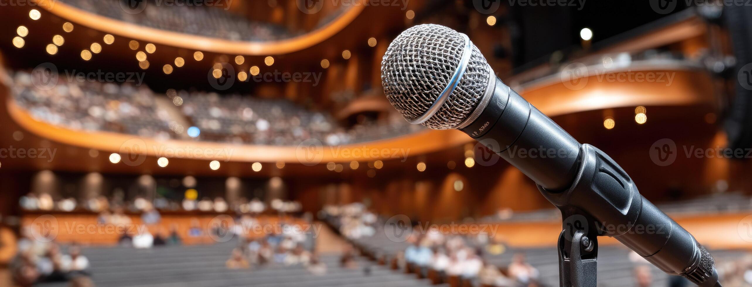 Microphone on stage in front of a large audience photo