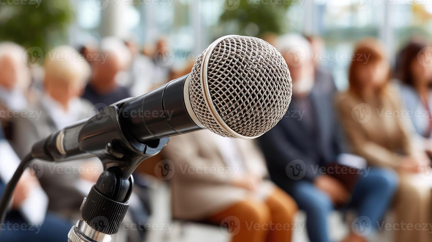 Microphone in front of a group of people in a meeting photo
