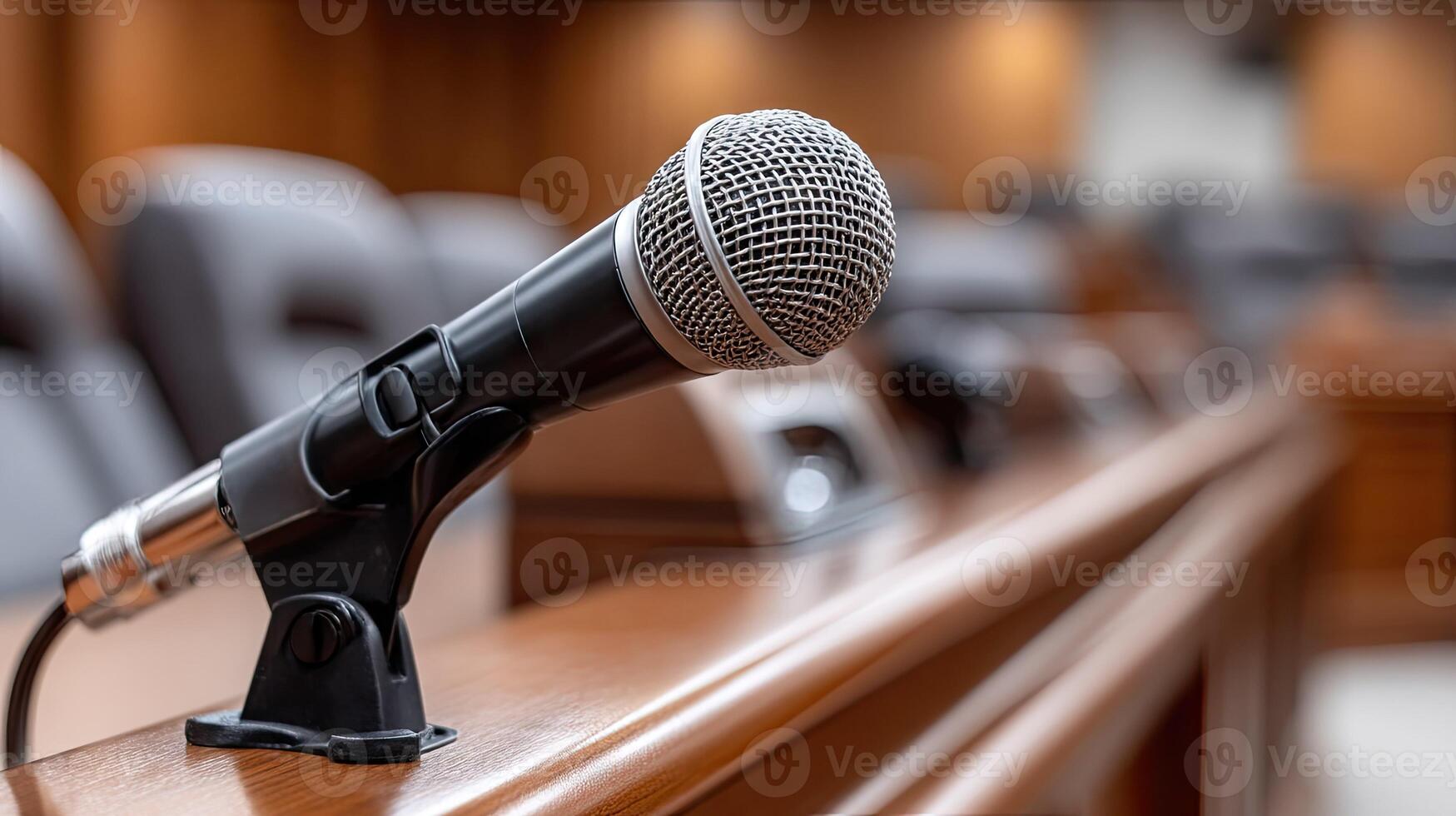 A microphone is sitting on a wooden table in a courtroom photo