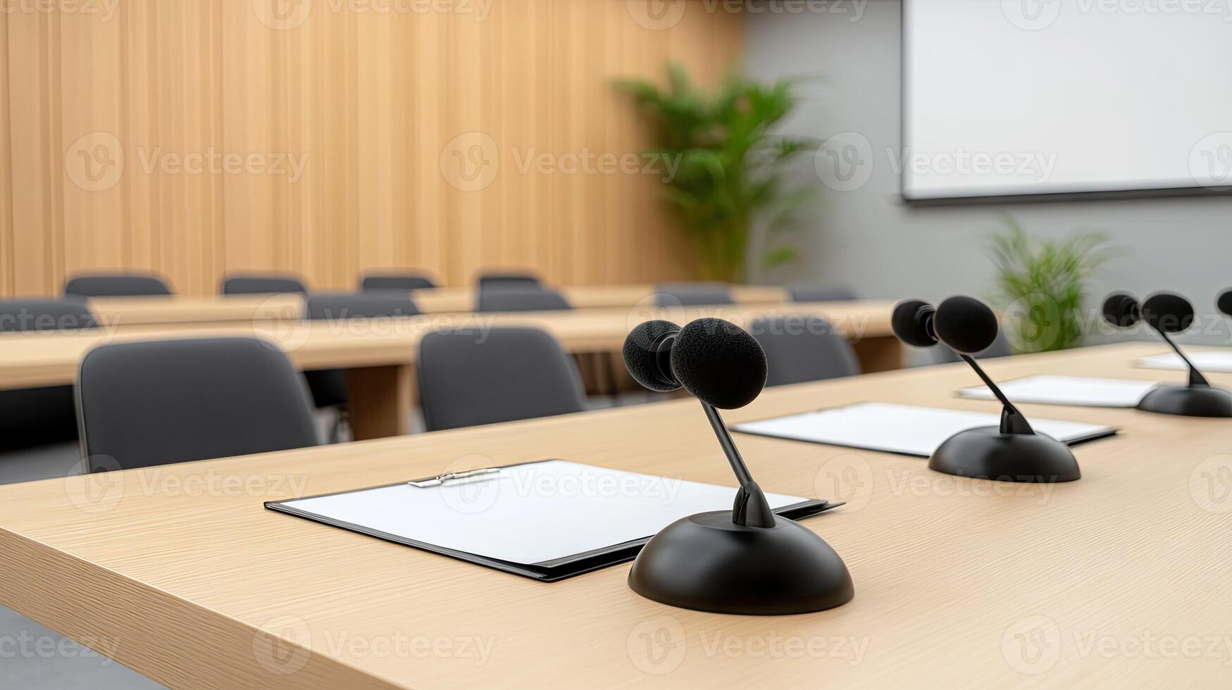 A conference room with microphones and a projector screen photo