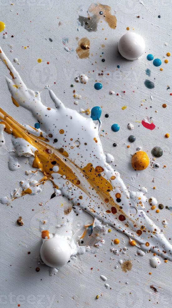 A white surface with paint splatters and eggs photo