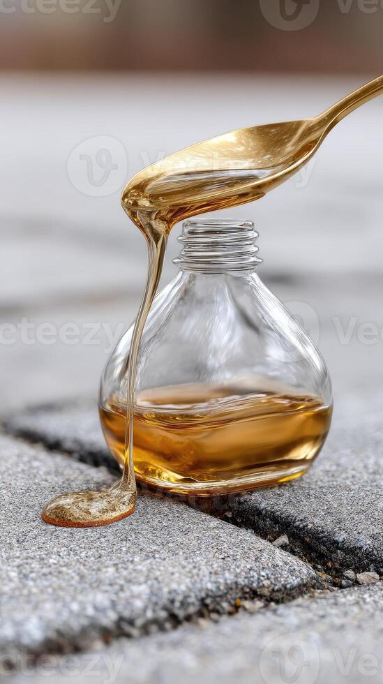 A spoon is pouring honey from a jar on the ground photo