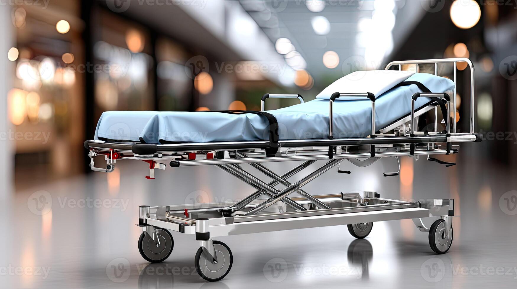 A hospital bed with a blue blanket on it photo