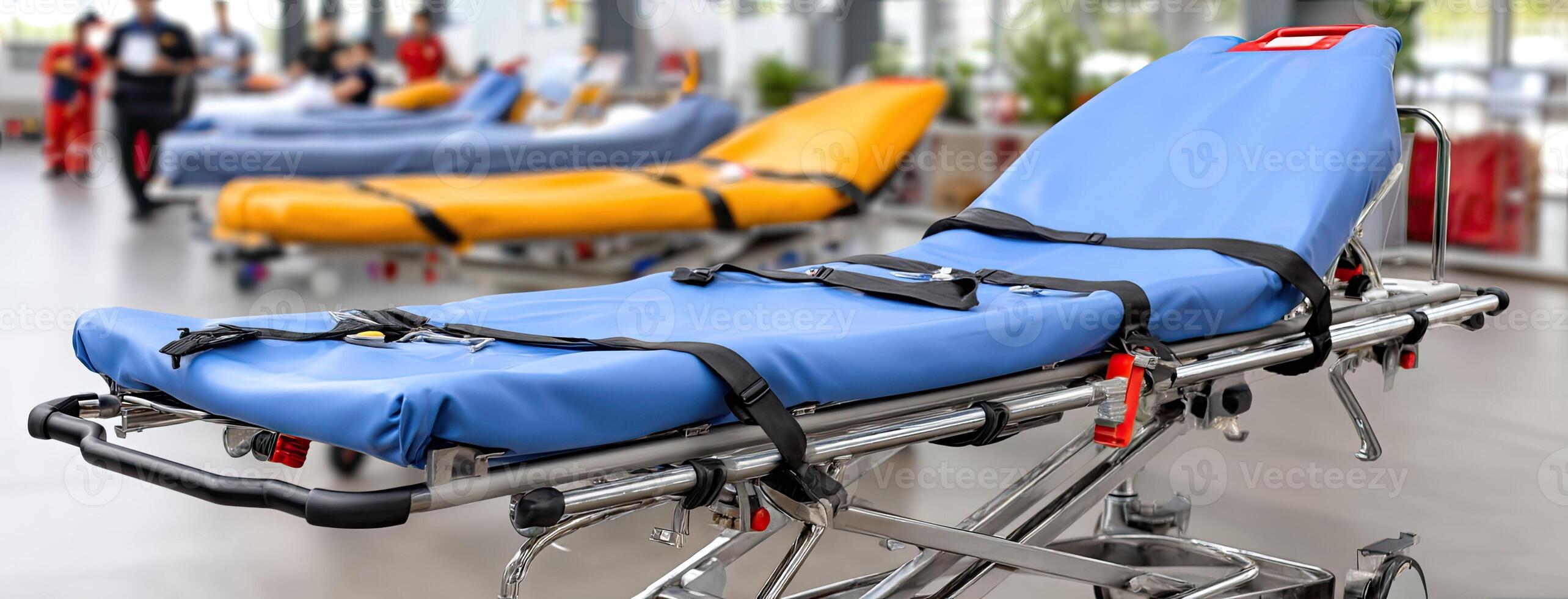 A hospital emergency medical cart with a blue seat photo