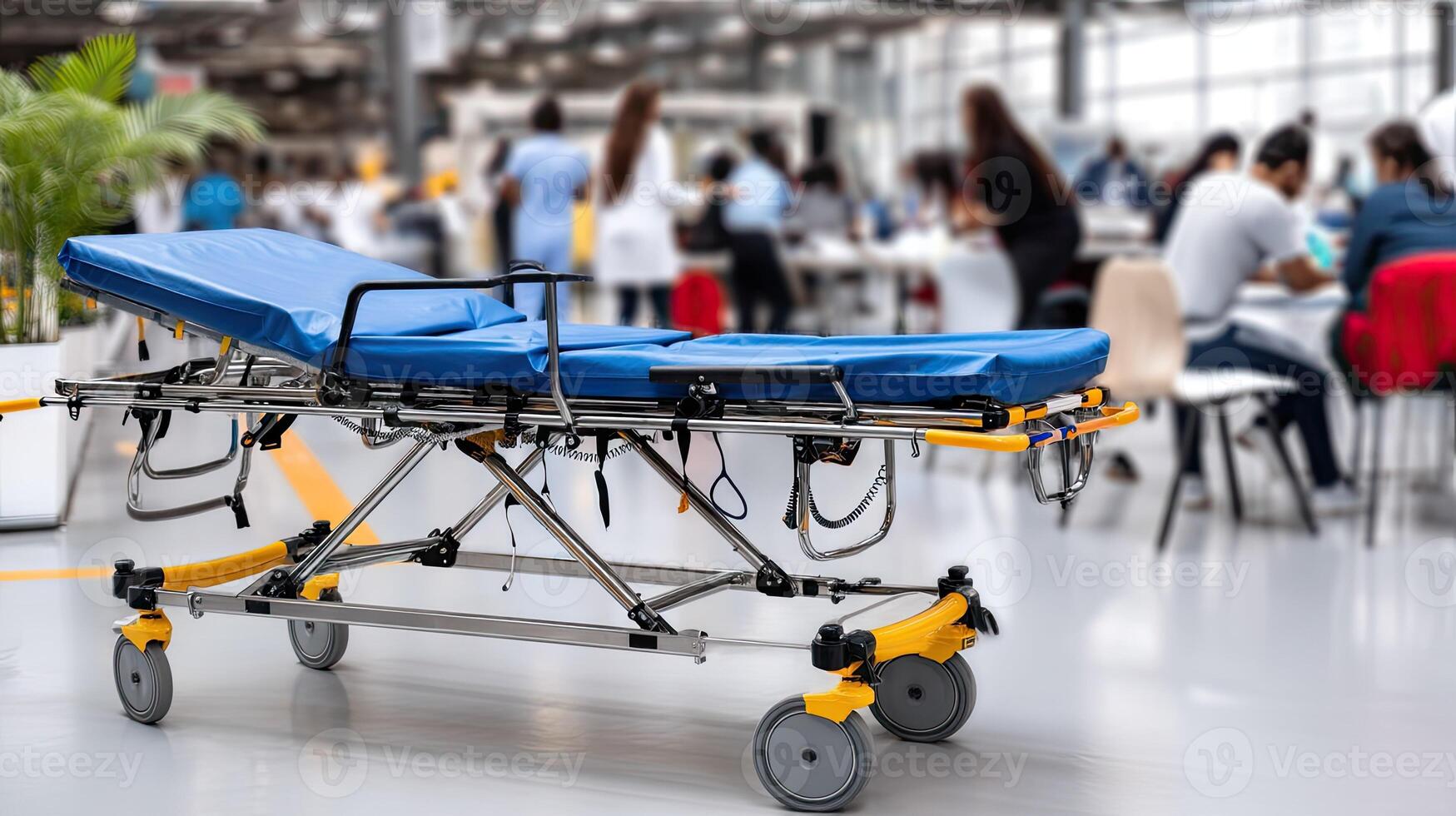 A hospital emergency cart is seen in a large room photo