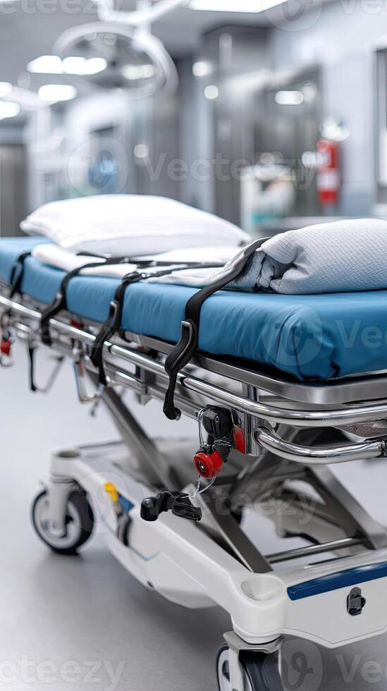 A hospital bed with blue sheets on it photo
