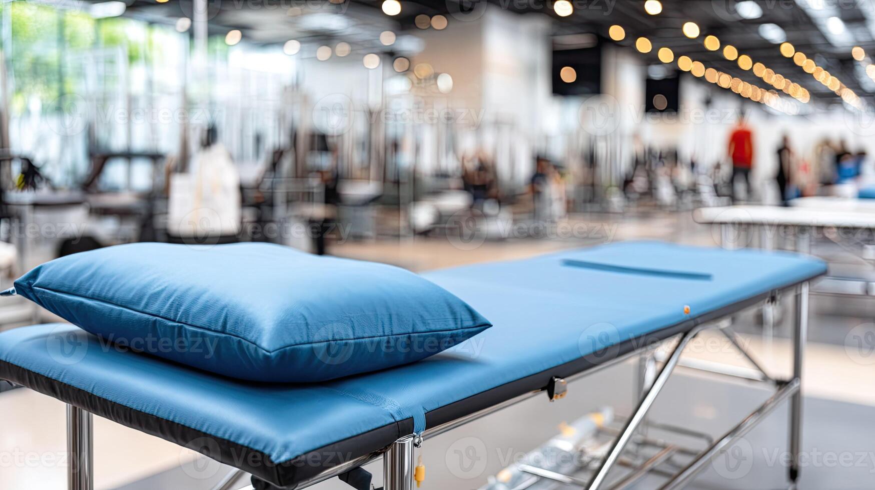 A blue medical bed with a pillow on top photo