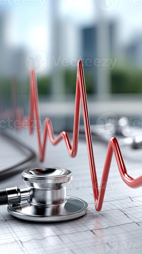 A stethoscope and heartbeat line on a table photo