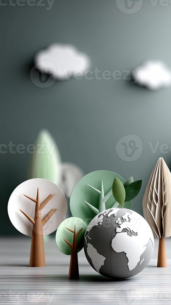 Paper cut out of a globe, trees and clouds photo