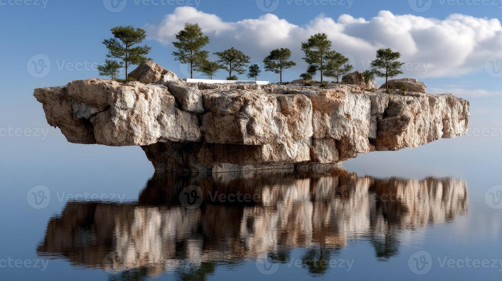 A rock floating in the water with trees on it photo