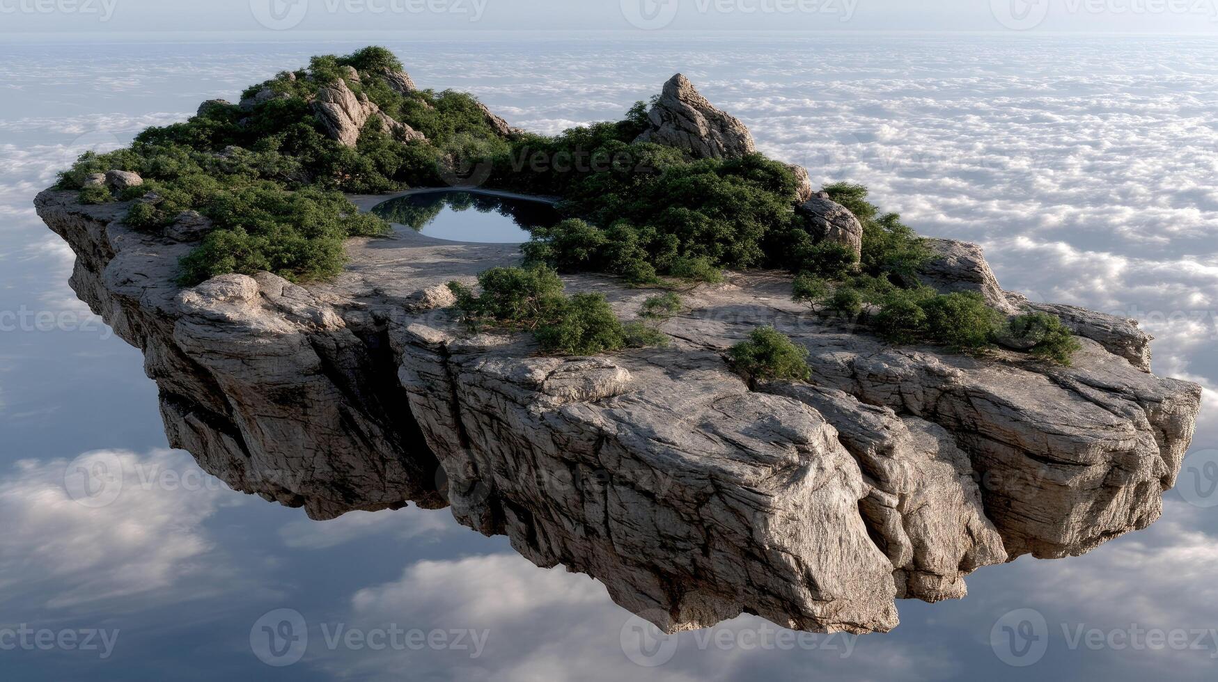 An island floating in the sky with trees and water photo