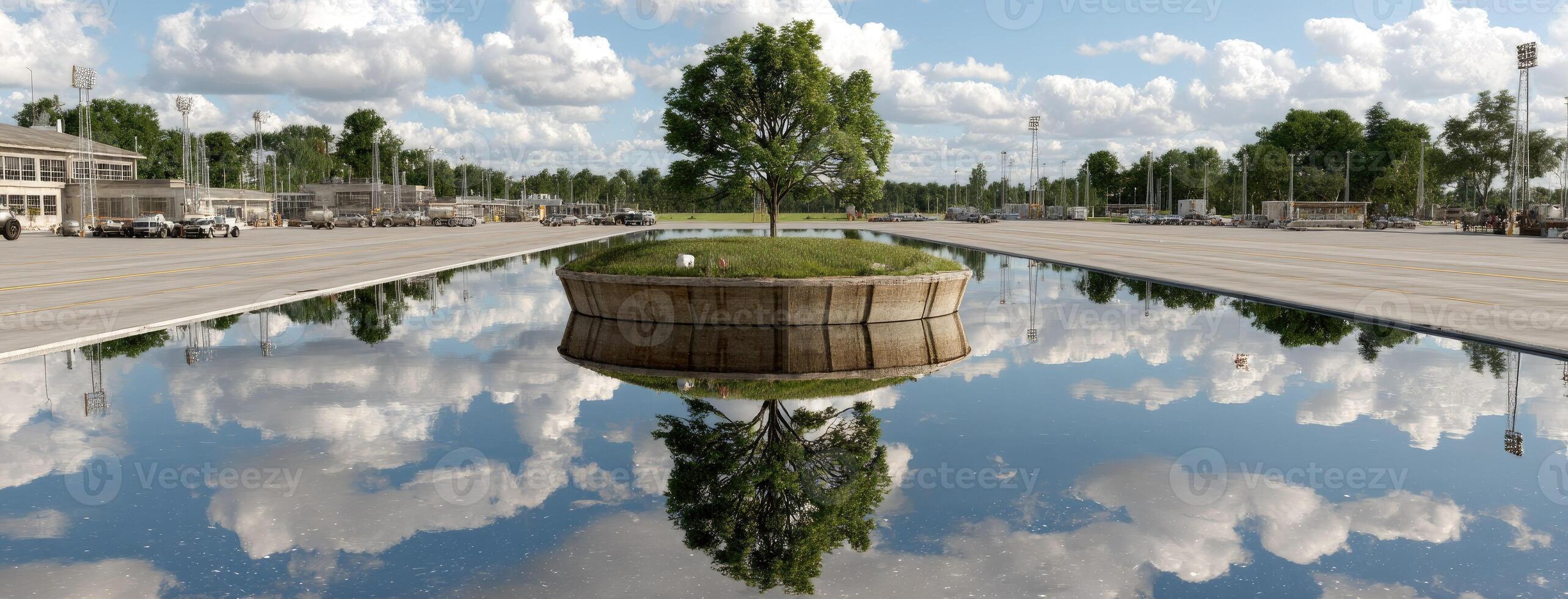 A tree is sitting in a pond with a sky and clouds photo