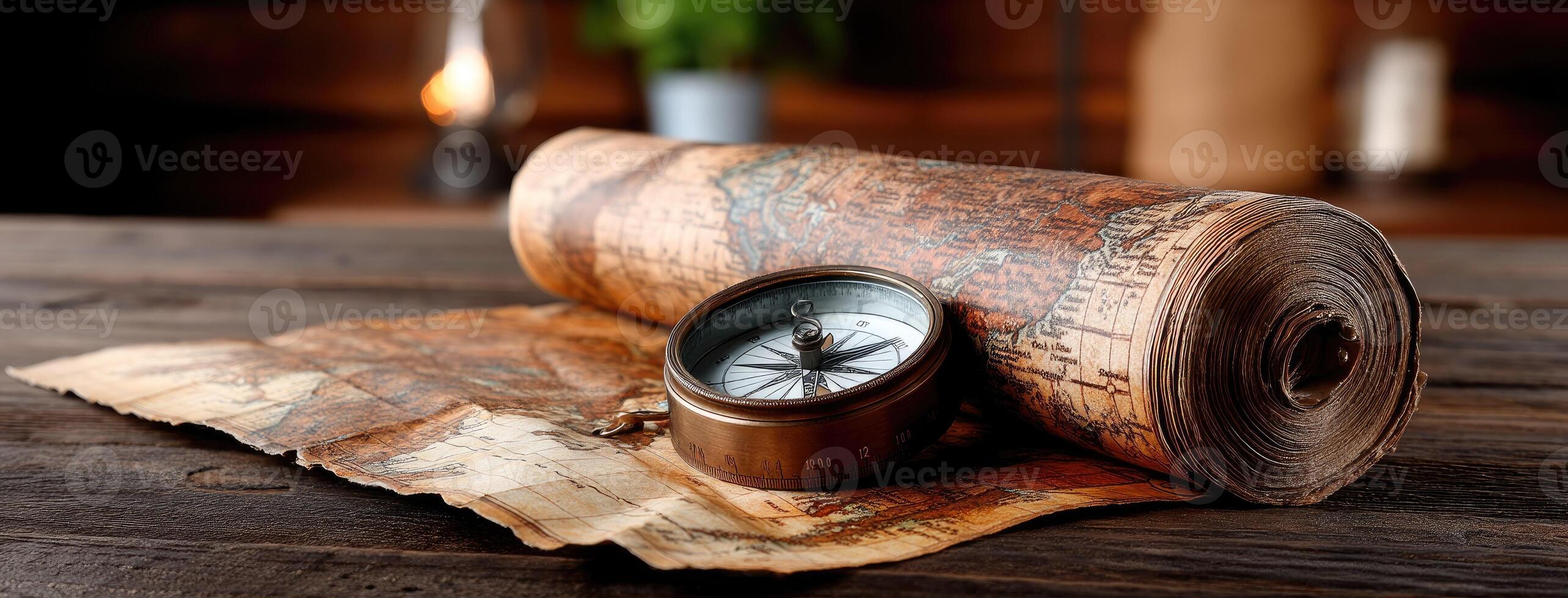 A compass and roll of paper on a wooden table photo