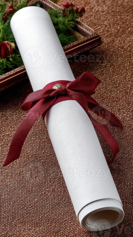 A roll of white paper with a red ribbon tied around it photo