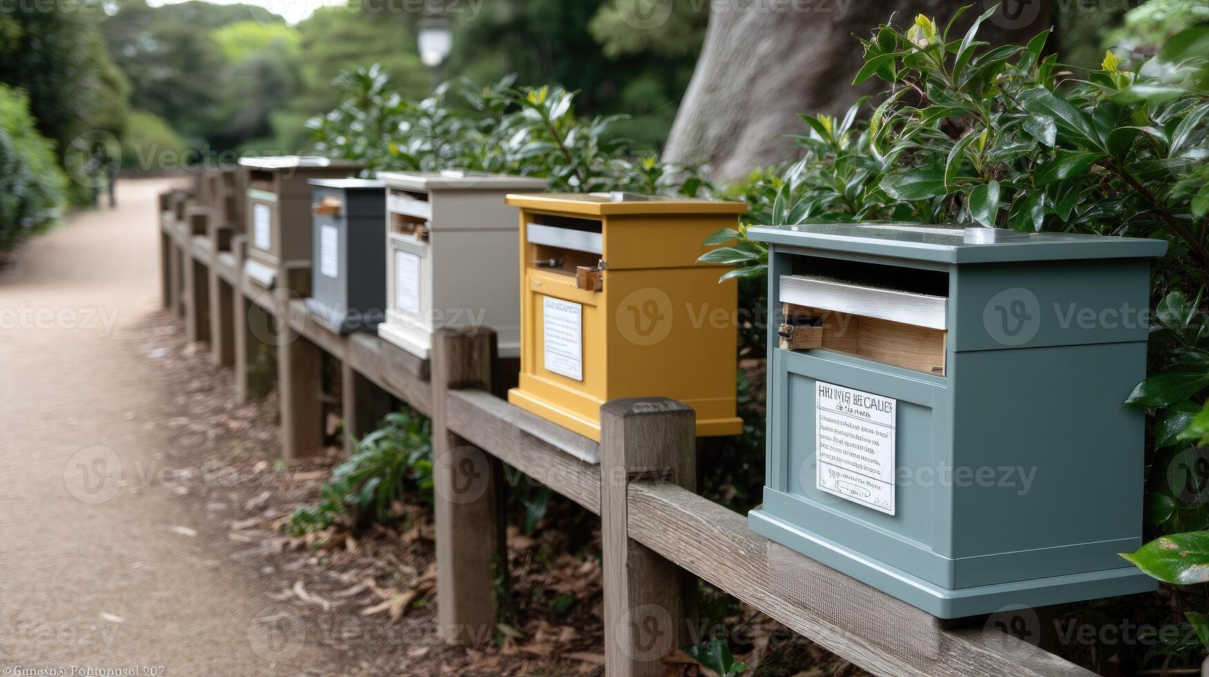 A row of mailboxes lined up on a fence photo