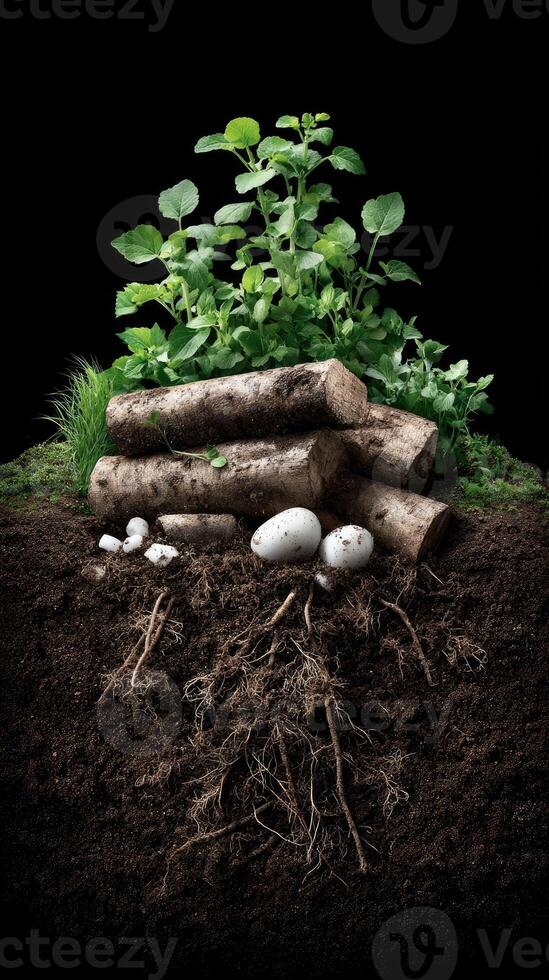 A pile of logs and plants with eggs photo