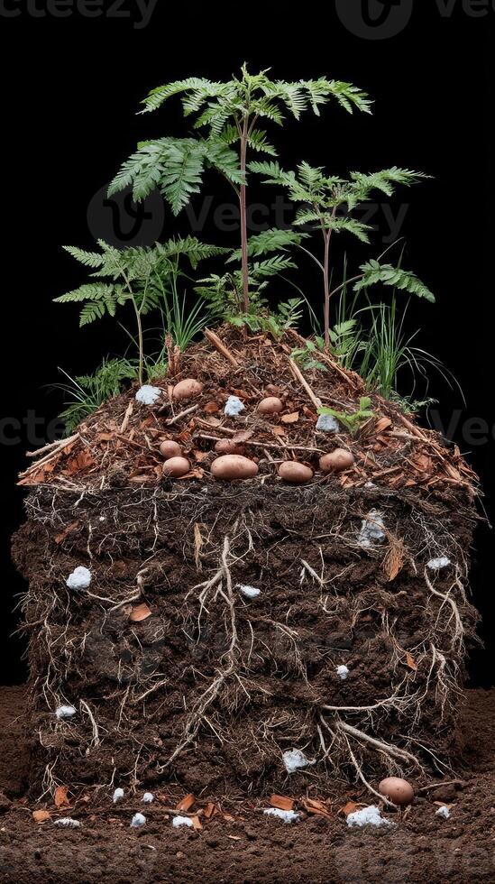 A pile of dirt with plants growing out of it photo