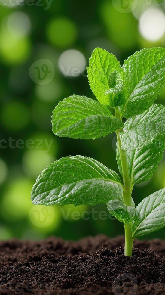 A young mint plant growing in the dirt photo