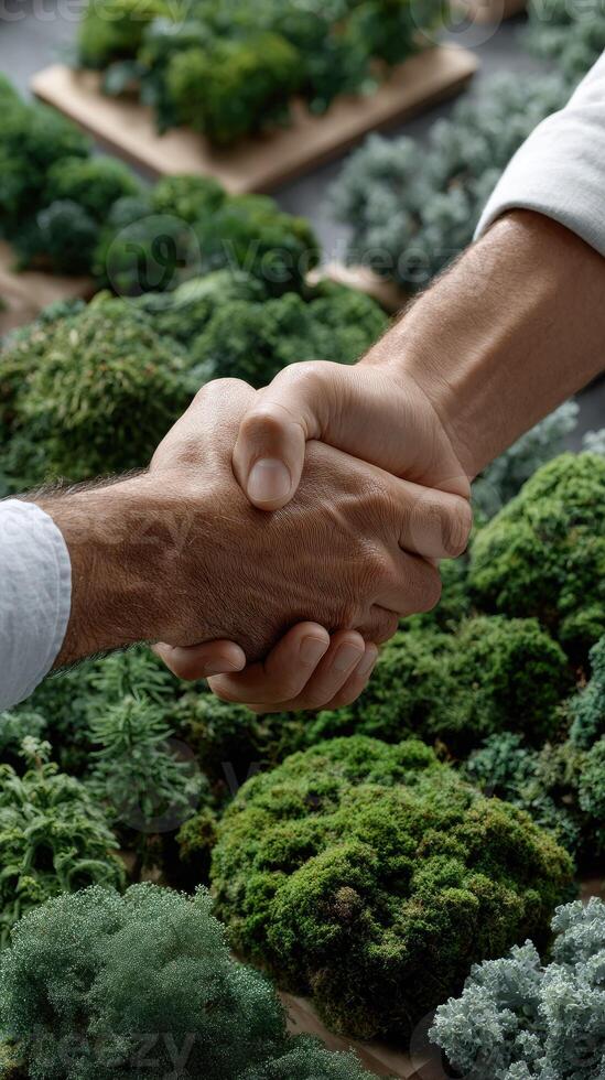 Two people shaking hands over a large green plant photo
